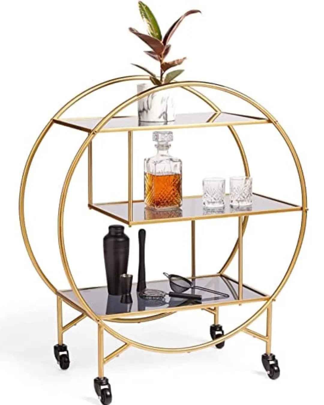 VonHaus Gold Drinks Trolley - 3 Tier Bar Serving Cart Drinks Storage